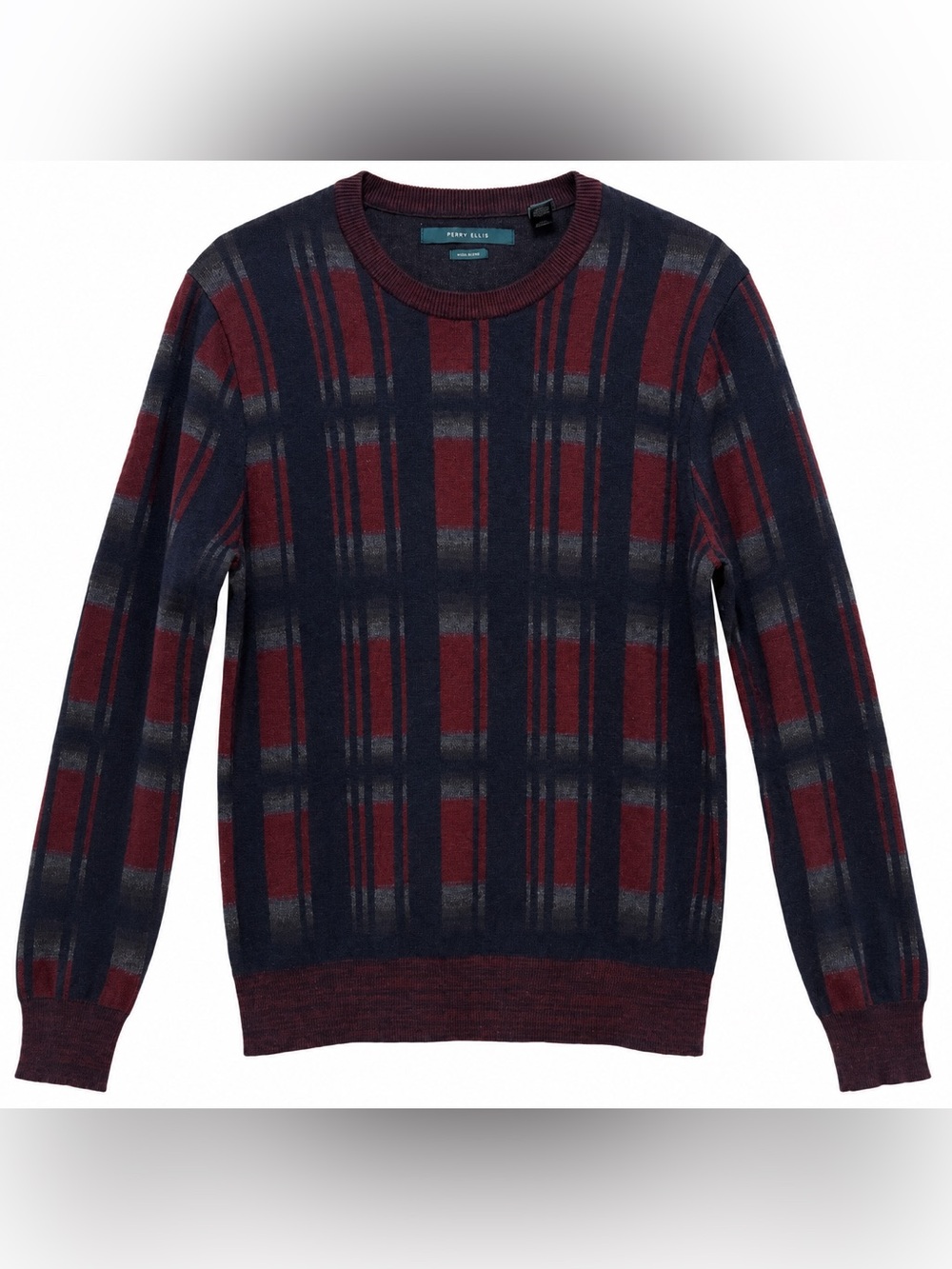 Perry Ellis Men’s Merino Wool Blend Plaid Crewneck Sweater Size M Burgundy Navy